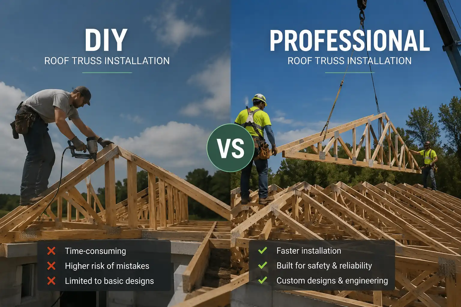 DIY builder nailing trusses beside a professional crew craning a truss into place