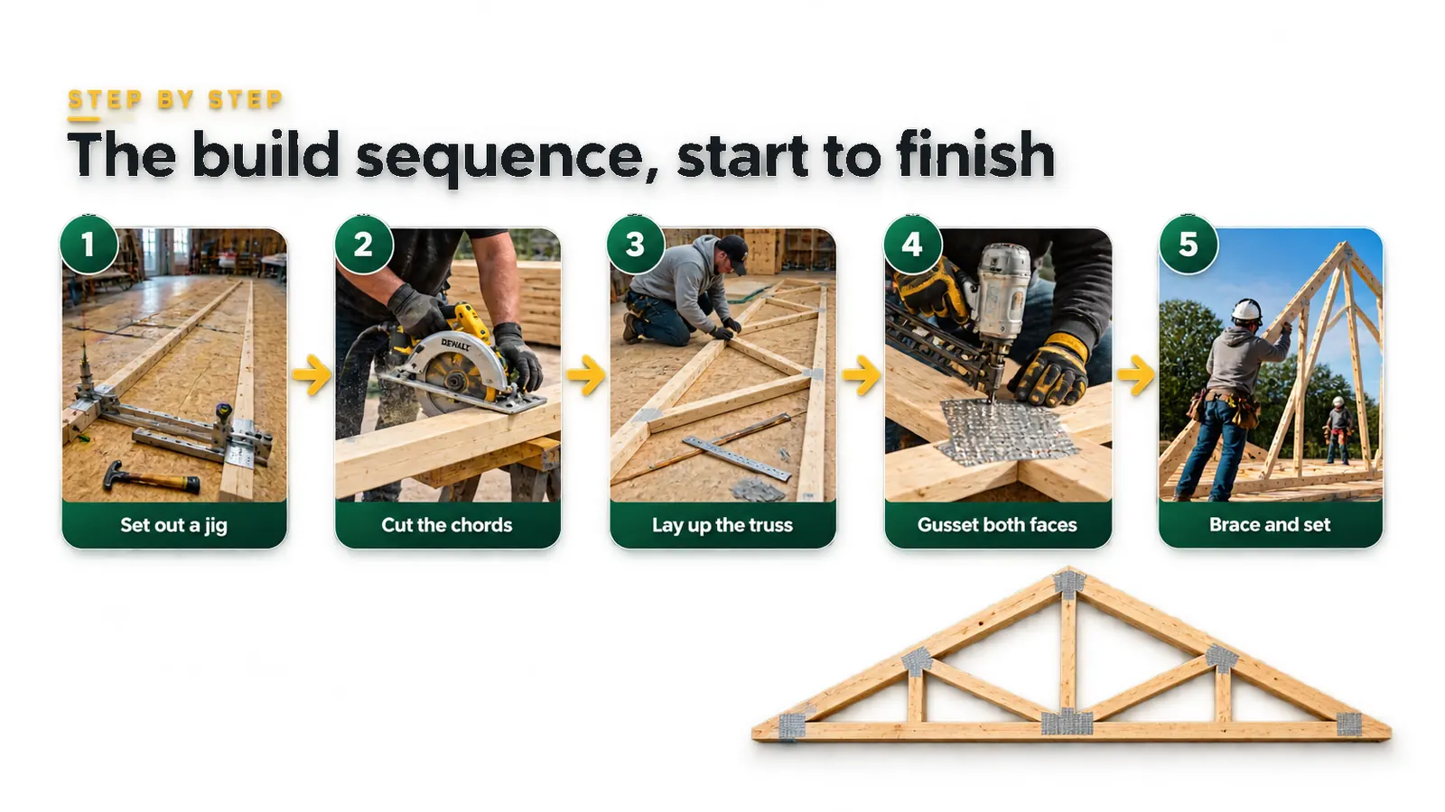Five step build sequence: set out a jig, cut the chords, lay up the truss, gusset both faces, then brace and set