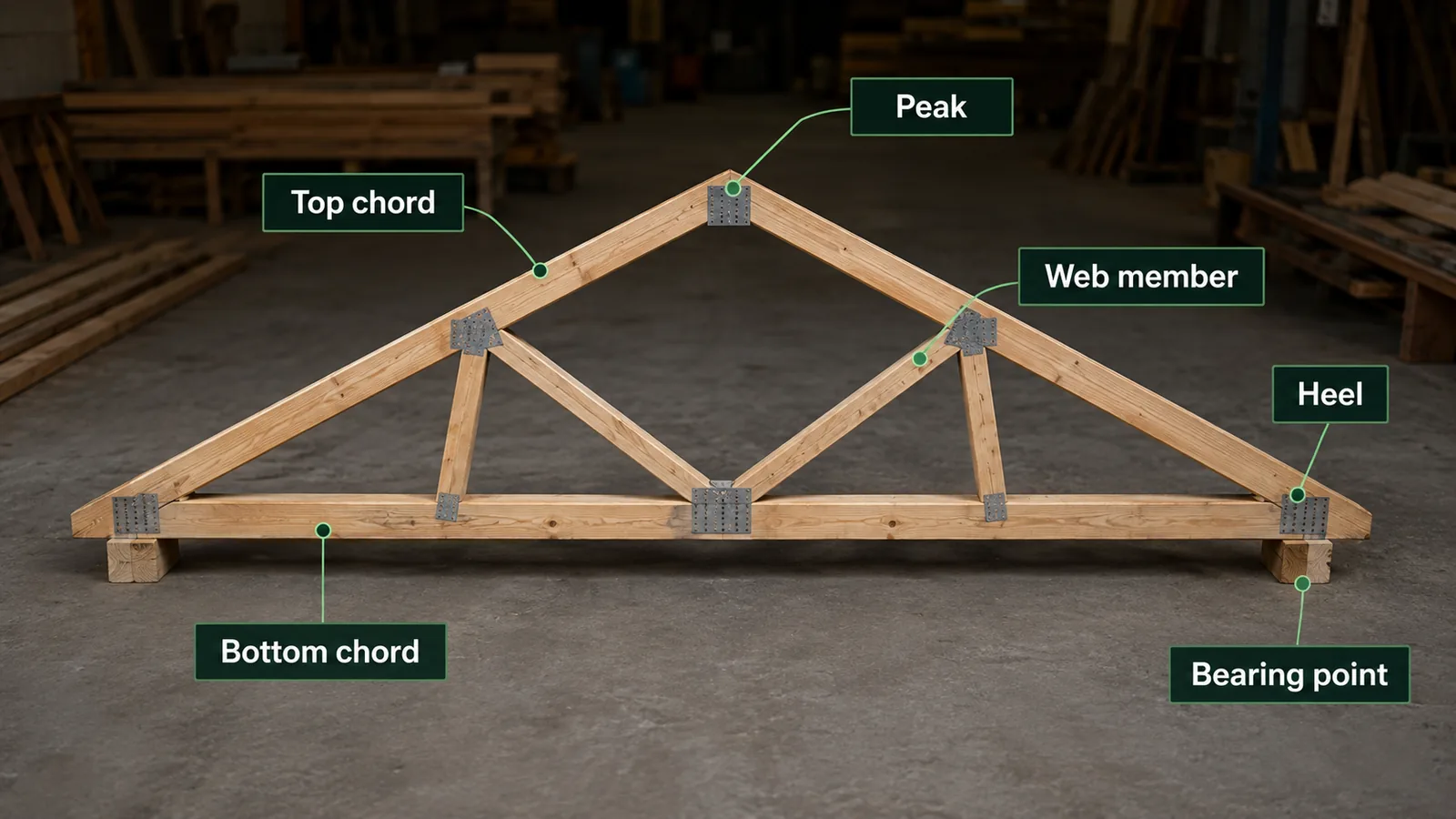 Timber roof truss labelled with top chord, bottom chord, web, peak, heel and bearing point