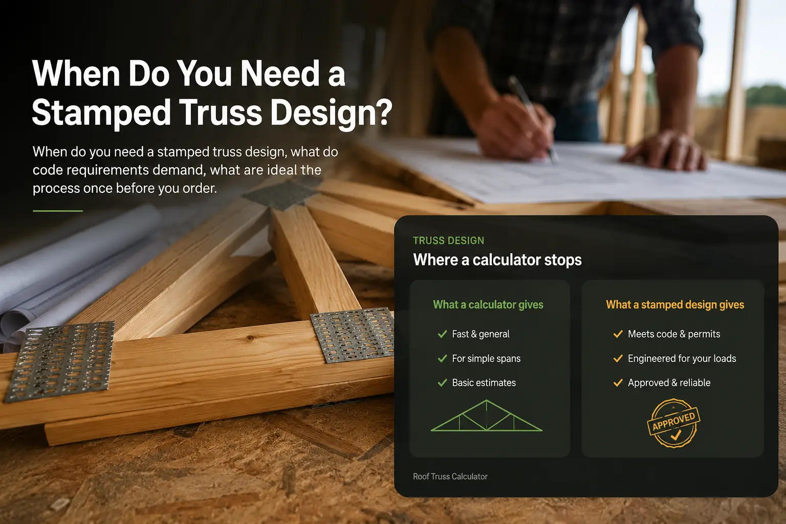 Truss members and drawings on a bench beside a calculator versus stamped design panel