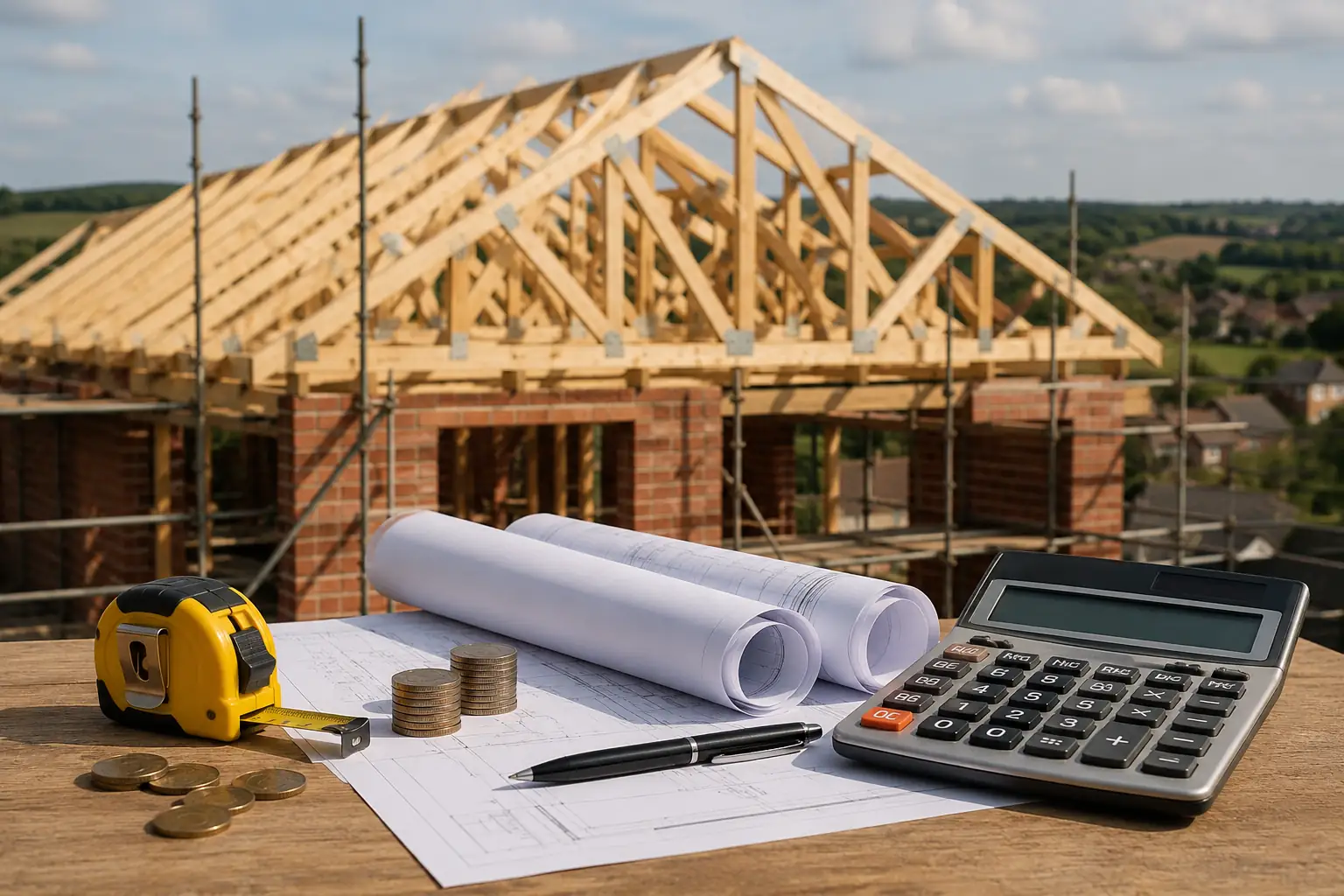 Blueprints, tape measure, coins and a calculator before a house with its trusses set