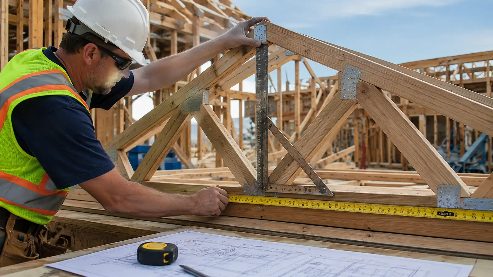 A framer measuring a roof truss with a framing square and tape measure on site