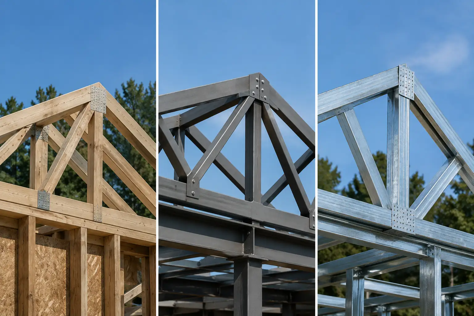 Timber truss, structural steel truss and light gauge steel truss compared side by side