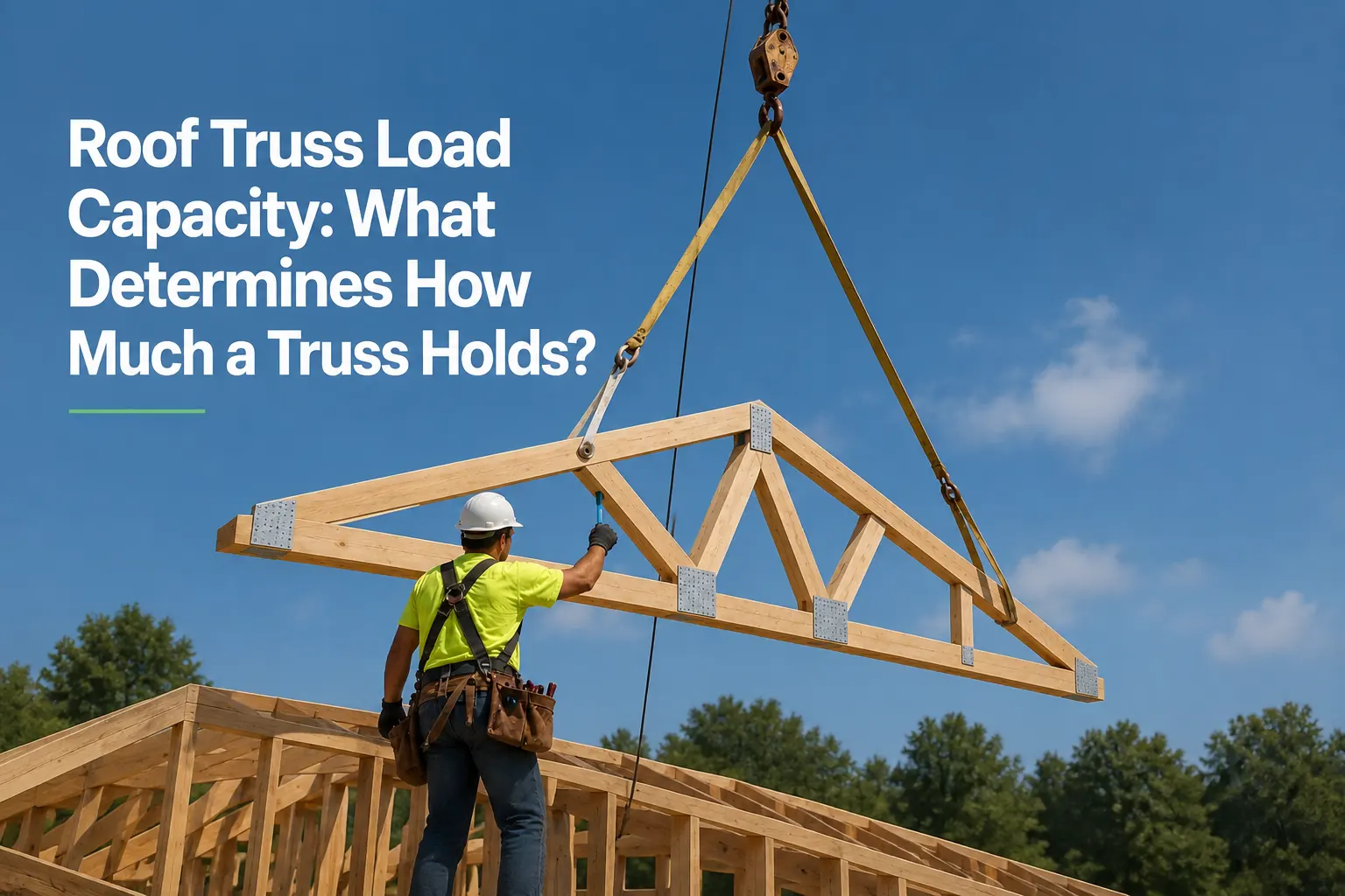 A worker guiding a roof truss lifted by a crane over a timber framed house against a blue sky